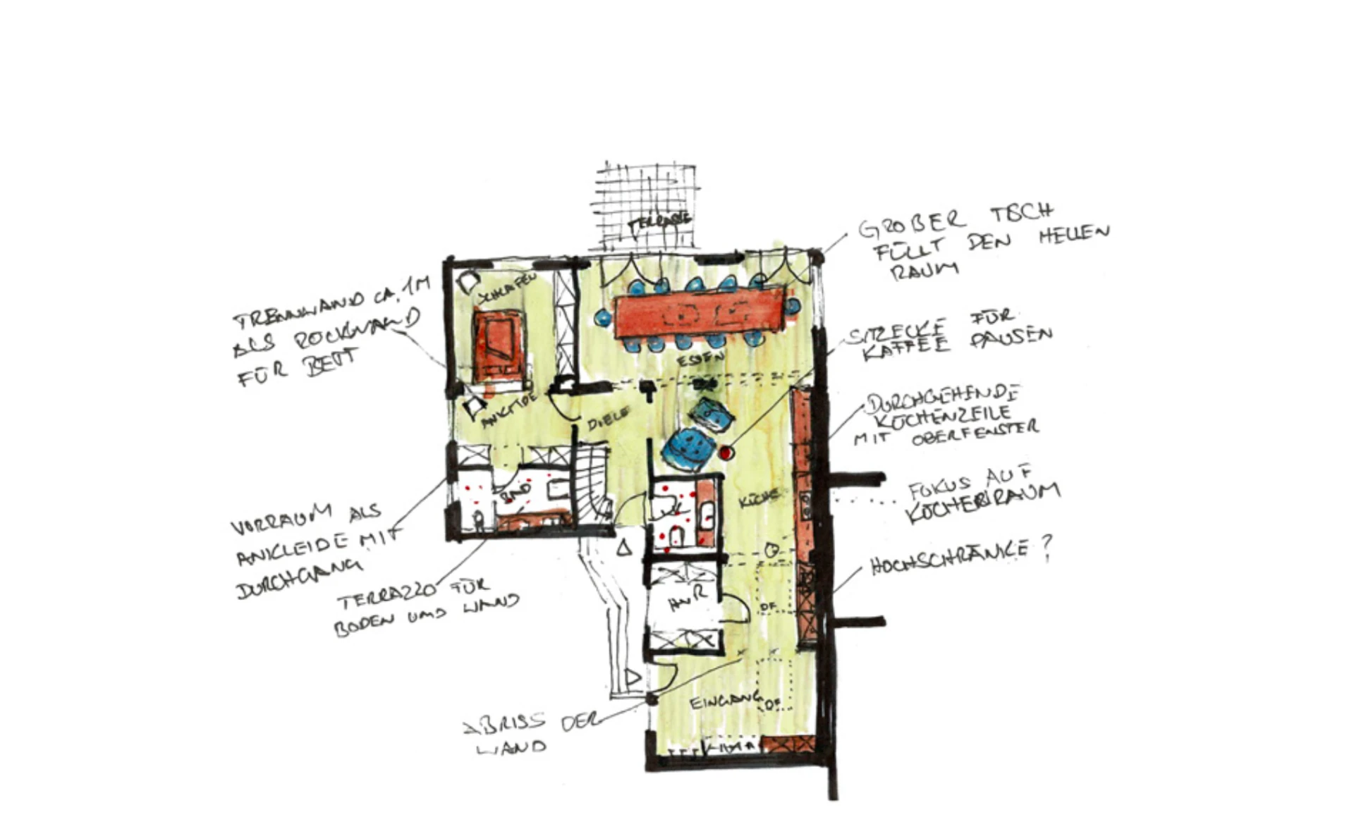 Hand-drawn floor plan sketch with spatial annotations and furniture layout