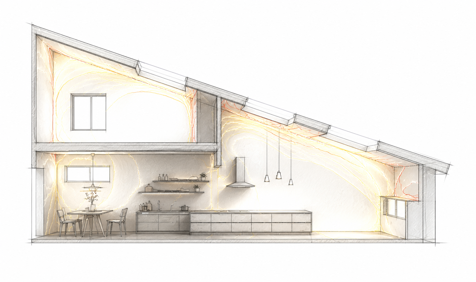 Hand-drawn concept section sketch showing light washes and spatial atmosphere