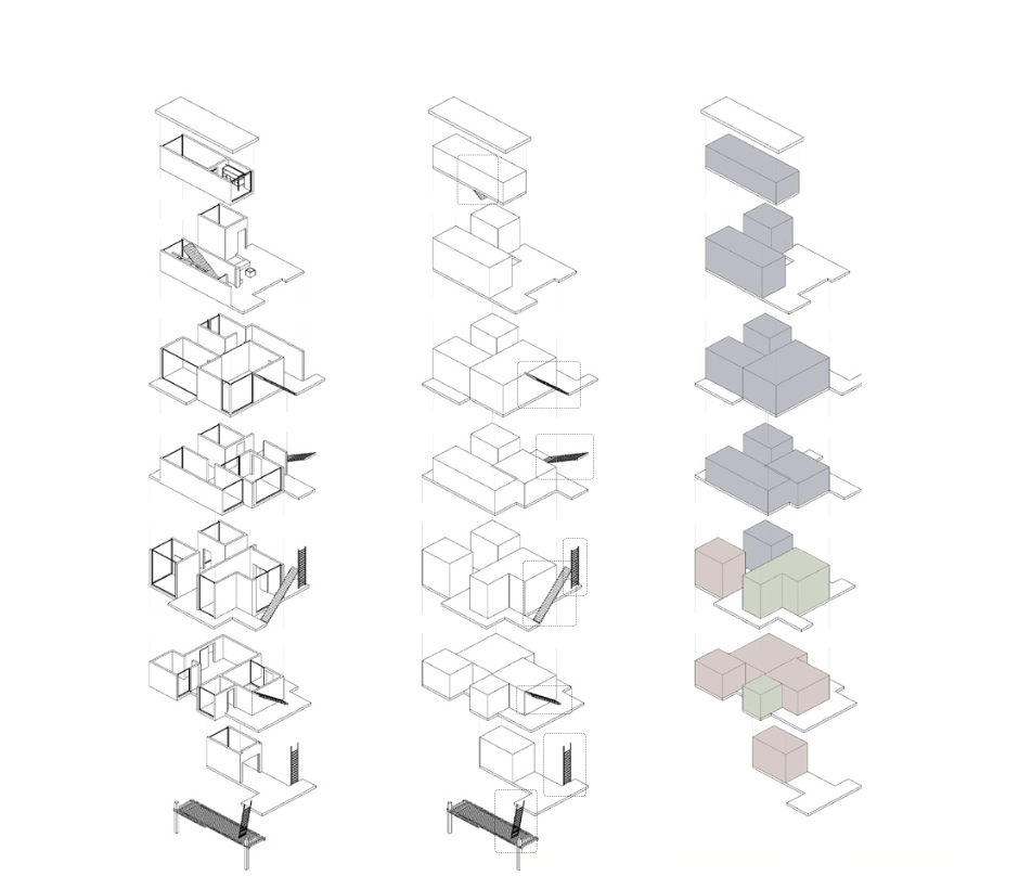 Exploded axonometric diagrams studying volumes and zoning of a compact interior