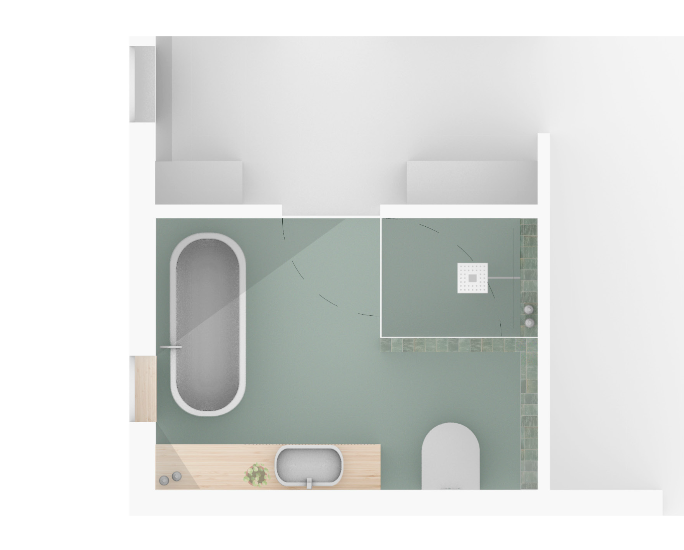 Top view plan of a compact bathroom with bathtub, walk-in shower, toilet and green tiled wall