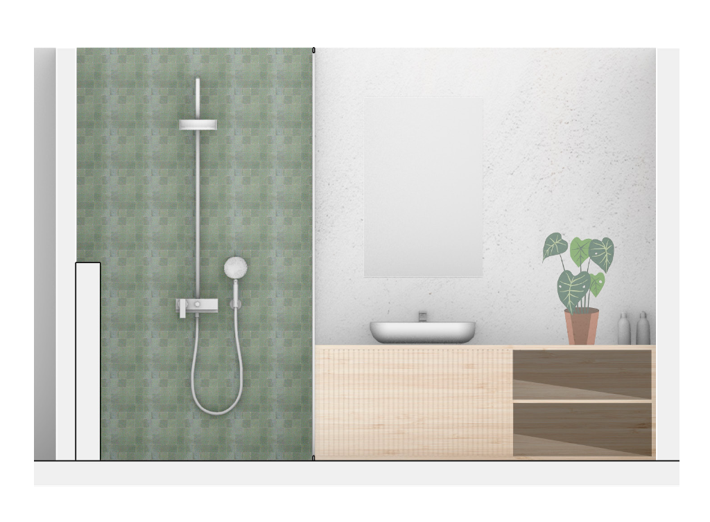 Interior view of the compact bathroom with green mosaic shower wall, wooden vanity and basin