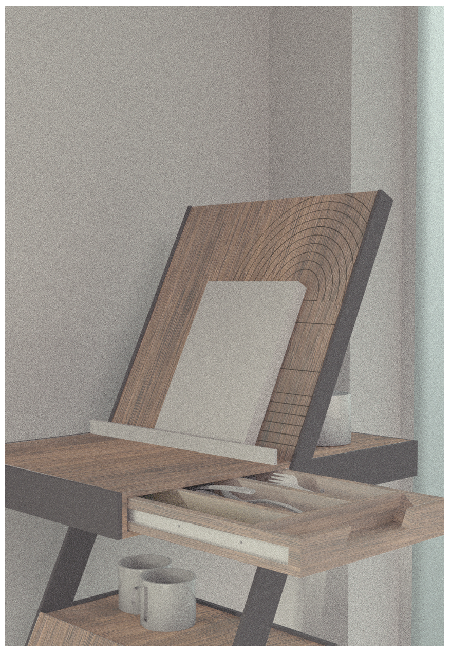 Detail rendering of the storage element with an open drawer and standing wooden panel