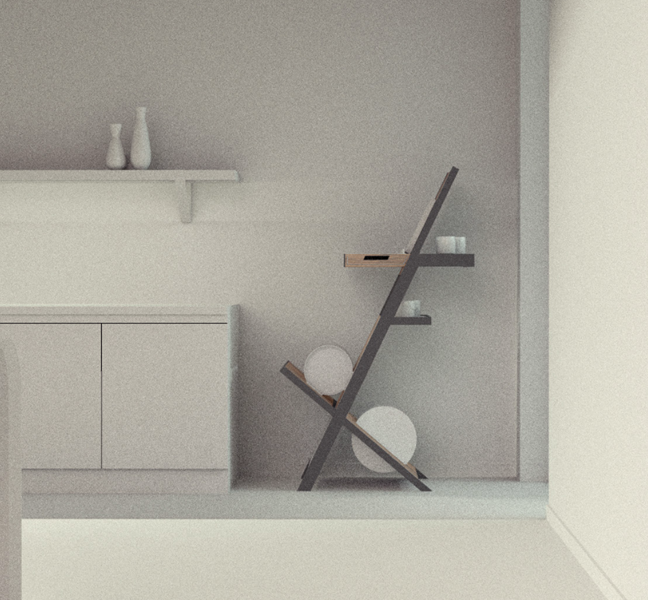 Leaning storage furniture with slim shelves in a pale minimal room